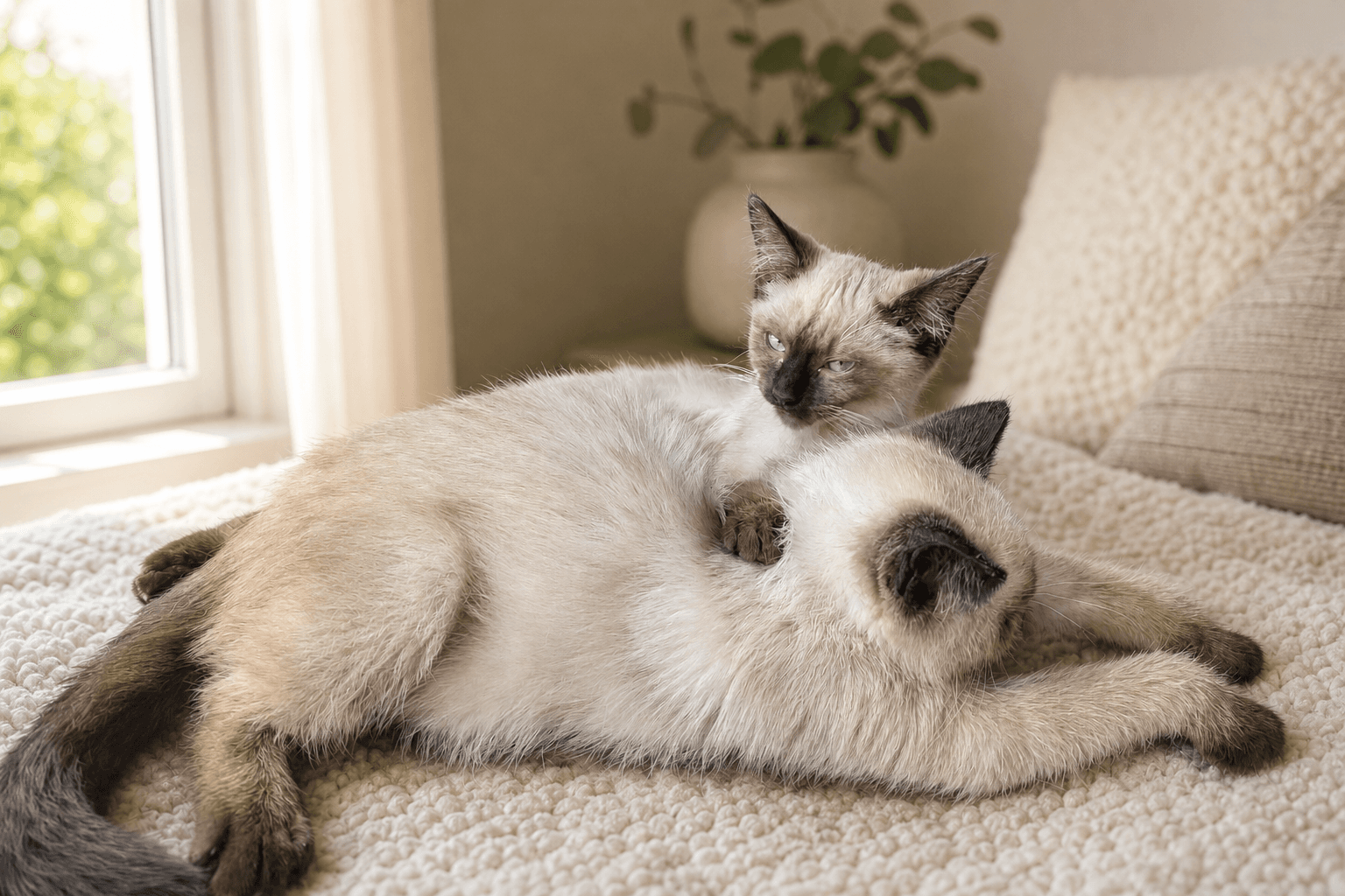 Two Siamese kittens resting together in soft natural light